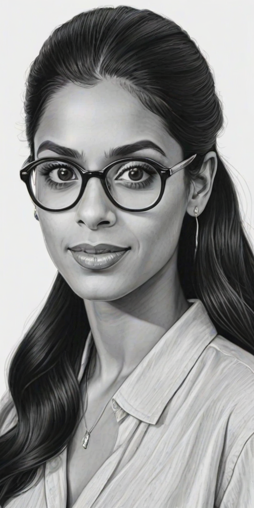 Exquisite Lilly Singh, pencil sketch, portrait of Charming woman 1945s in glasses, hair style beatnik, outline, clear lines, fine lines, 8k