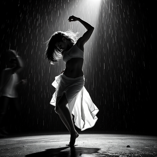 Create a high-contrast black and white image of a muscular female figure dancing in the rain with dramatic lighting, using a DSLR camera set to f/1.8, ISO 100, shutter speed 1/200s, 50mm lens, shot from a low angle to emphasize strength and movement.