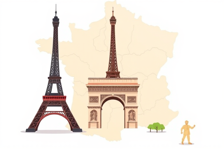 Generate a high-resolution vector illustration of the map of France with the Eiffel Tower and Arc de Triomphe, using a clean white background, overhead view, flat design style, shot with a digital camera at 50mm, f/8 aperture, ISO 100, with enhanced colors and sharp details.