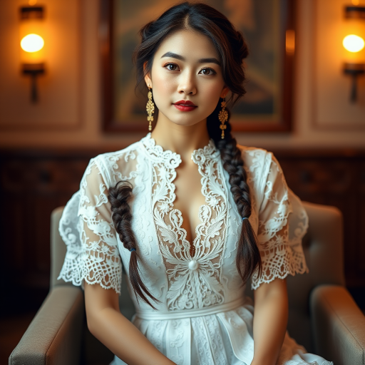 Create a portrait of a refined and elegant Chinese woman seated in a sophisticated setting. She has long, wavy hair styled in two thick braids that are pulled over her shoulders. She wears a white, lace gown with intricate patterns, featuring a deep V-neckline and short sleeves. The dress exudes a vintage charm with its delicate lacework. She is adorned with ornate, dangling earrings that add a touch of glamour to her appearance. The background is softly lit, with warm, ambient lighting that creates a cozy and inviting atmosphere. Her expression is poised and serene, capturing a sense of grace and elegance.