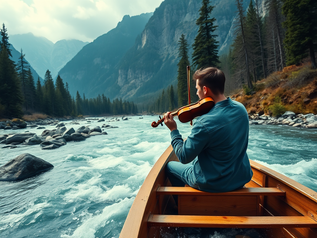 Create an image of a man playing a violin in a wooden boat navigating through a river with rapids, surrounded by tall mountains and pine trees, shot with a DSLR camera at f/2.8, ISO 100, 1/500 sec, in a landscape view with a cinematic style for enhanced depth and rich colors.