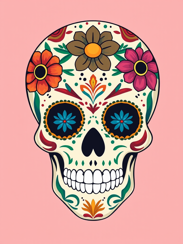 Create a vibrant digital illustration of a sugar skull featuring colorful floral designs with a flat background, using a high-resolution format, taken with a DSLR camera at f/8 aperture, 50mm lens, and natural lighting for enhanced clarity and color depth.