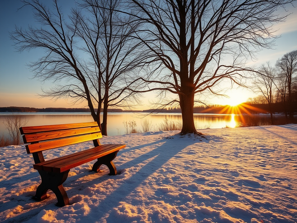 capture a serene winter lakeside scene at sunrise with a wooden bench in the foreground, showcasing snow-covered ground and bare trees, use a DSLR camera, aperture f/8, ISO 100, shutter speed 1/200 sec, wide-angle lens, golden hour lighting for enhanced detail and vibrancy