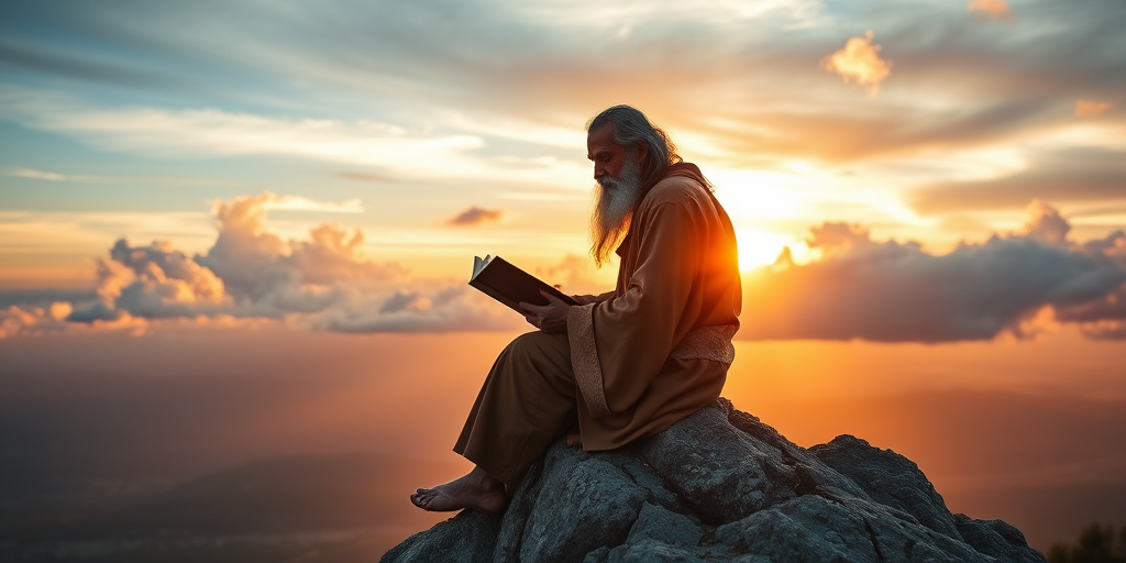 Create an image of a wise figure reading a book while seated on a rocky outcrop, overlooking a vast landscape at sunset with dramatic clouds and soft golden light, captured with a full-frame DSLR camera, 24mm lens, f/8 aperture, ISO 200, and a warm color profile.