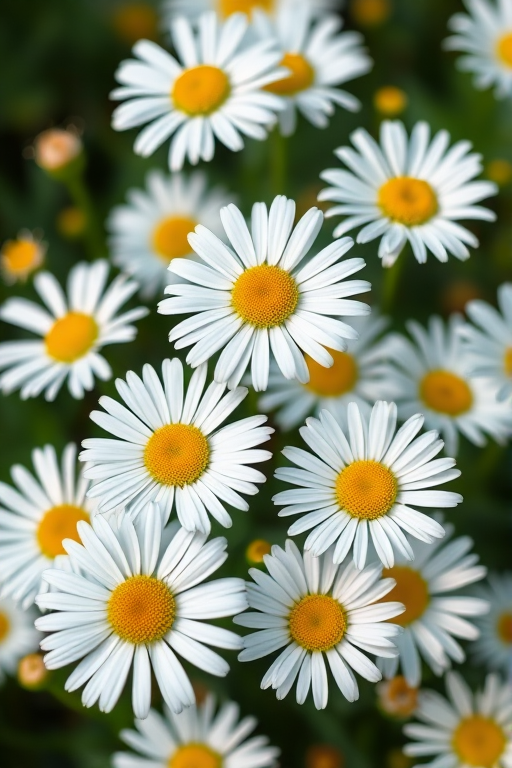 Create a vibrant illustration of white daisies with yellow centers on a dark green background, using a DSLR camera in macro mode, aperture set to f/2.8 for a shallow depth of field, ISO 100 for clarity, and a 50mm lens to capture fine details and enhance color contrast.