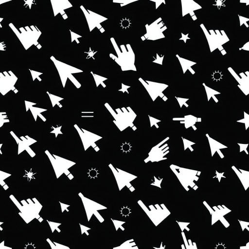 create a seamless pattern of various cursor icons including hand pointers, click symbols, and loading indicators on a black background, camera settings: f/8, ISO 100, shutter speed 1/125, camera view: top-down, camera style: flat lay, camera type: DSLR