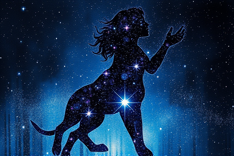 Captivating conceptual render alcohol ink art, double exposure, the paint strokes artfully merge combining a woman's full silhouette with a Humble hare's silhouette. The figures are composed of a series of colored dots, lines & spots that evoke the image of a cosmic galaxy, colors are deep shades of blue purple & black with flashes of white & silver representing distant stars. The woman's silhouette is formed within the lion's silhouette from constellations of scattered stars, surreal
