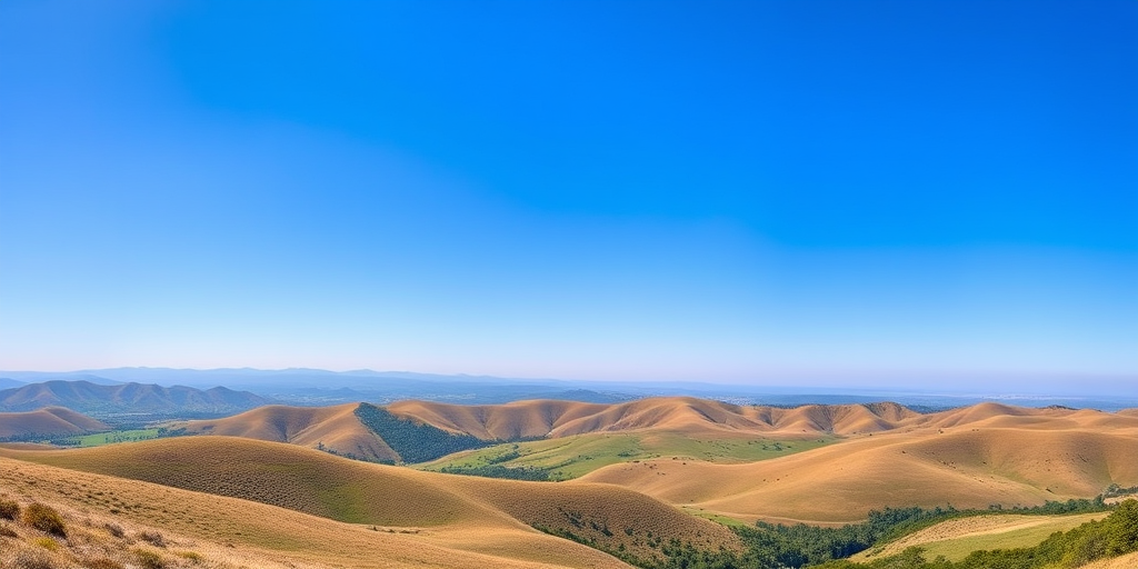 Generate a high-resolution image of a serene landscape featuring rolling hills and a clear blue sky, captured with a DSLR camera at f/8 aperture, ISO 100, 1/250 shutter speed, in a wide-angle view for maximum depth and clarity.
