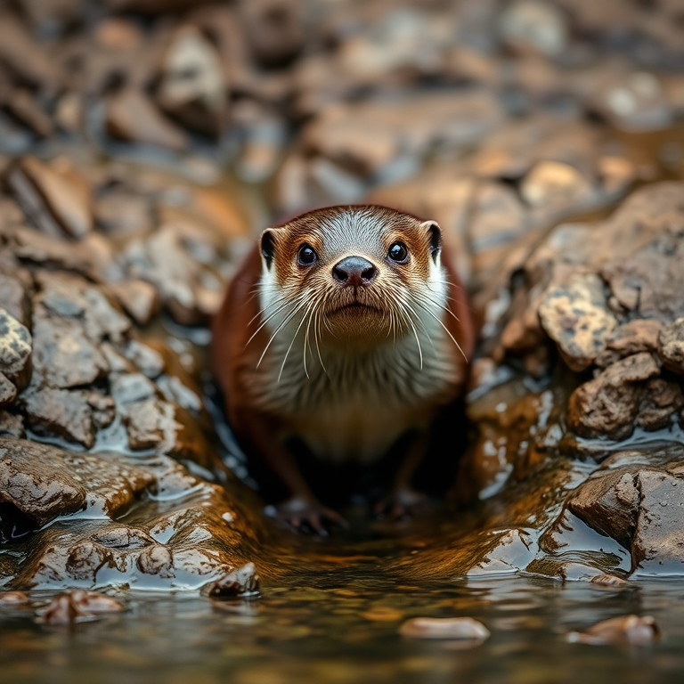 Create a realistic image of a wet otter emerging from a rocky area near water, with a shallow depth of field, captured using a DSLR camera with a 50mm lens at f/2.8, ISO 200, and a shutter speed of 1/250s.