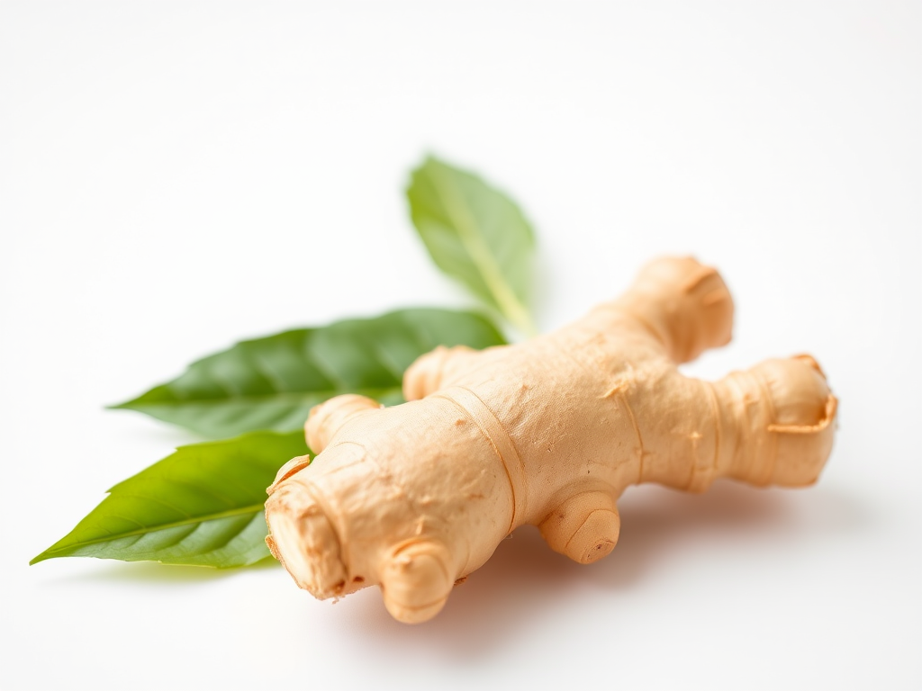 Fresh ginger root on a white background with green leaves, macro view, soft natural lighting, ISO 100, aperture f/2.8, focal length 50mm, DSLR camera.