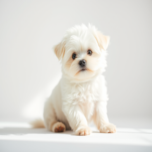 Capture a close-up of a small white fluffy dog sitting on a bright white background with soft natural lighting, using a DSLR camera with a 50mm lens, aperture at f/1.8, ISO 200, and a shallow depth of field to create a soft bokeh effect.