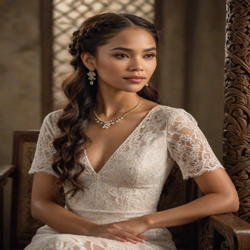 Create a portrait of a refined and elegant Zambo woman seated in a sophisticated setting. She has long, wavy hair styled in two thick braids that are pulled over her shoulders. She wears a white, lace gown with intricate patterns, featuring a deep V-neckline and short sleeves. The dress exudes a vintage charm with its delicate lacework. She is adorned with ornate, dangling earrings that add a touch of glamour to her appearance. The background is softly lit, with warm, ambient lighting that creates a cozy and inviting atmosphere. Her expression is poised and serene, capturing a sense of grace and elegance.