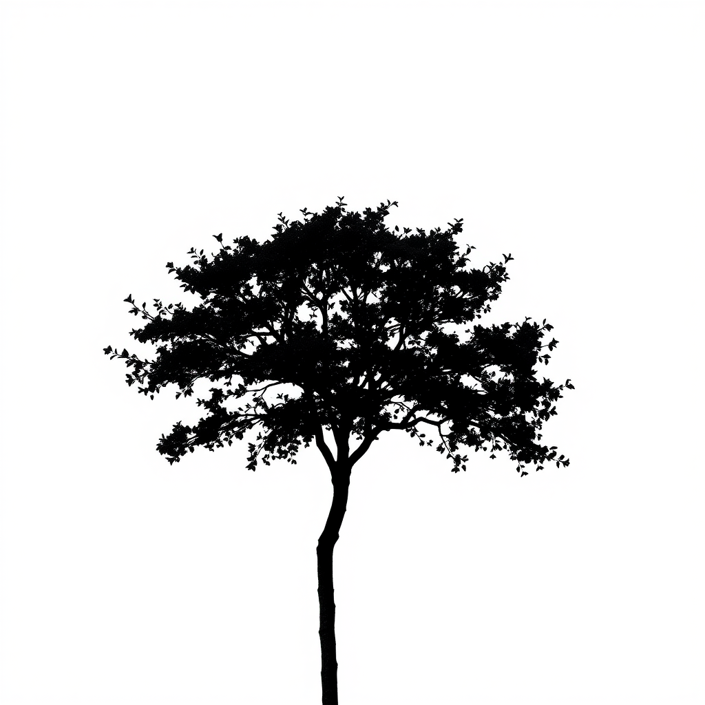 Create a high-resolution image of a stylized black silhouette of a tree against a white background using a Canon EOS R5, 50mm lens, f/1.8 aperture, ISO 100, in natural daylight with soft shadows.