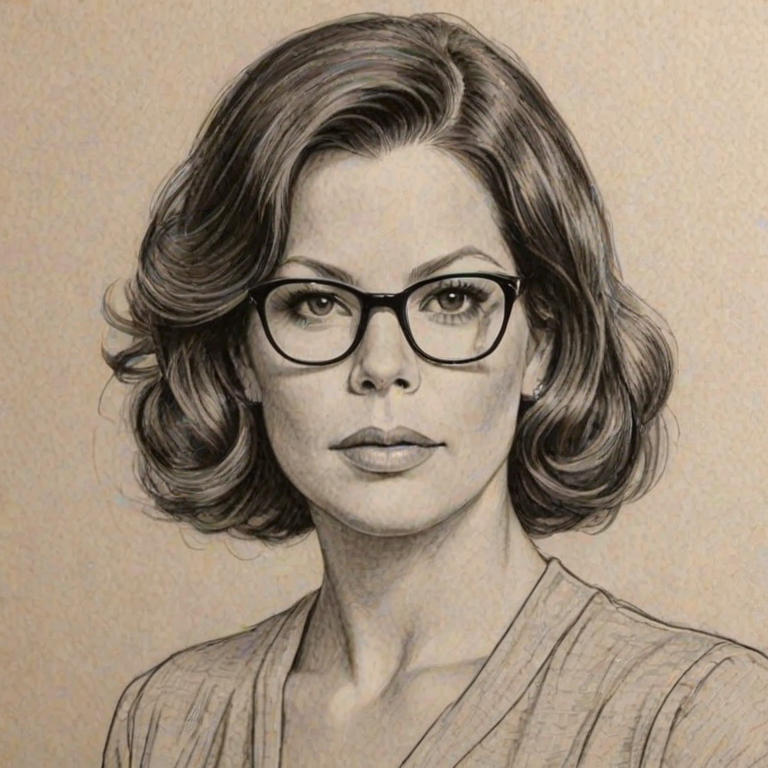 Resplendent Marcia Gay Harden, pencil sketch, portrait of Gorgeous woman 1922s in glasses, hair style beatnik, outline, clear lines, fine lines, 8k