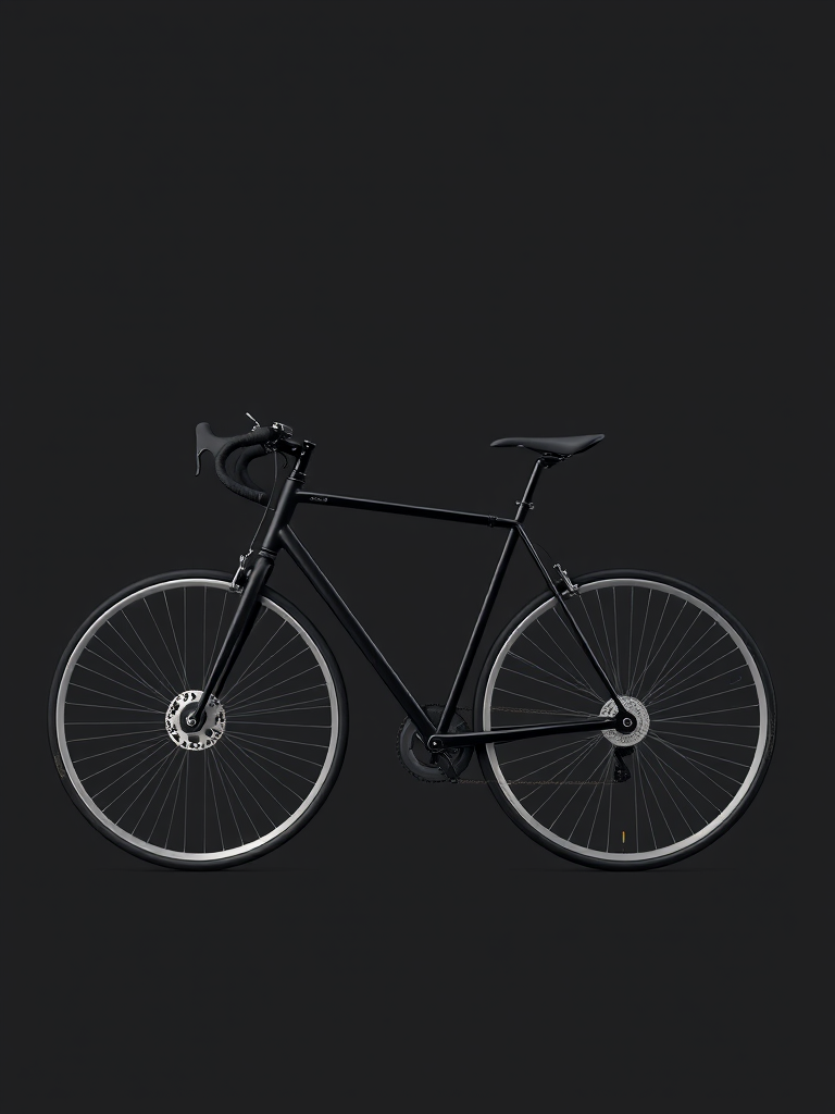 Create a high-resolution, minimalistic illustration of a sleek black bicycle with silver wheels on a dark gray background, using a Canon EOS 5D Mark IV, aperture f/8, shutter speed 1/60 sec, ISO 100, with a side view perspective to emphasize the bicycle's design and contours.