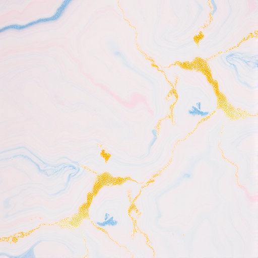 Create a high-resolution image of a marble texture with swirls of light blue, soft pink, and cream, featuring golden veining, using a full-frame DSLR camera, 50mm lens, aperture f/8, ISO 100, and natural soft lighting.