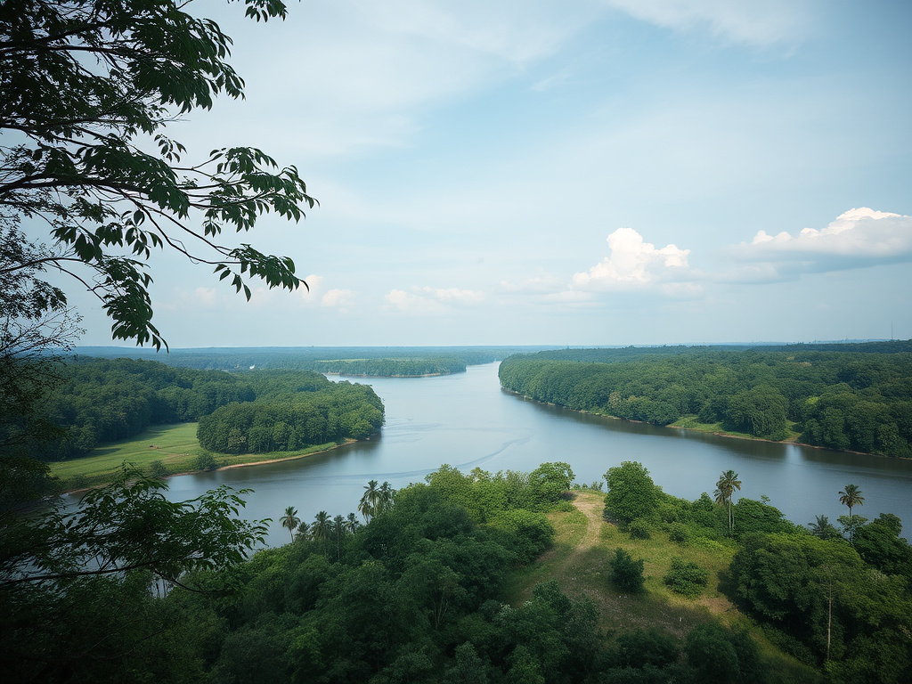 Regenerate a scenic river landscape with lush greenery, a mix of trees along the riverbanks, soft clouds in the sky, shot with a Canon EOS R5, 50mm lens, f/8 aperture, ISO 200, and a slight vignette for enhanced depth.