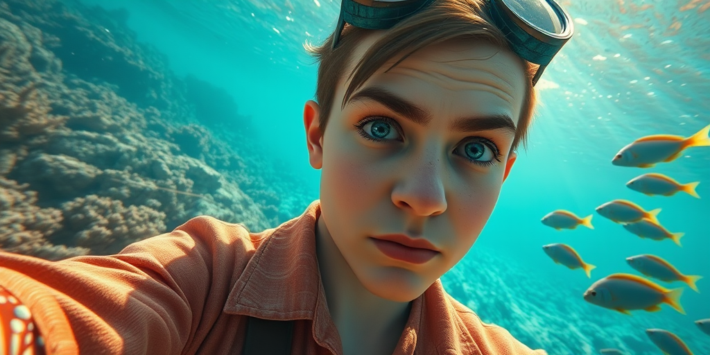 Realistic selfie image of a Chaldean, wearing a vintage outfit, detailed dreamy eyes, droopy hooded eyes, staring at the camera, taken underwater at coral reef with a sunbeam filtering through the water, vibrant, summer vacation, natural lighting, turtle and school of tropical fish with vibrant colors, rendered in the style of CryEngine, Pegi Nicol MacLeod, with realistic genre scenes, hauntingly beautiful narratives, ultra-realism, and Thomas Saliot's close-up technique, 8K resolution, crystal clear and sparkling water.