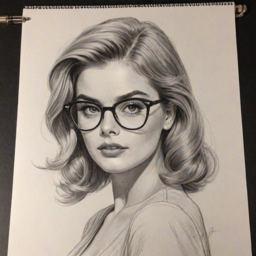 Appealing Brighton Sharbino, pencil sketch, portrait of Stunning woman 1957s in glasses, hair style beatnik, outline, clear lines, fine lines, 8k