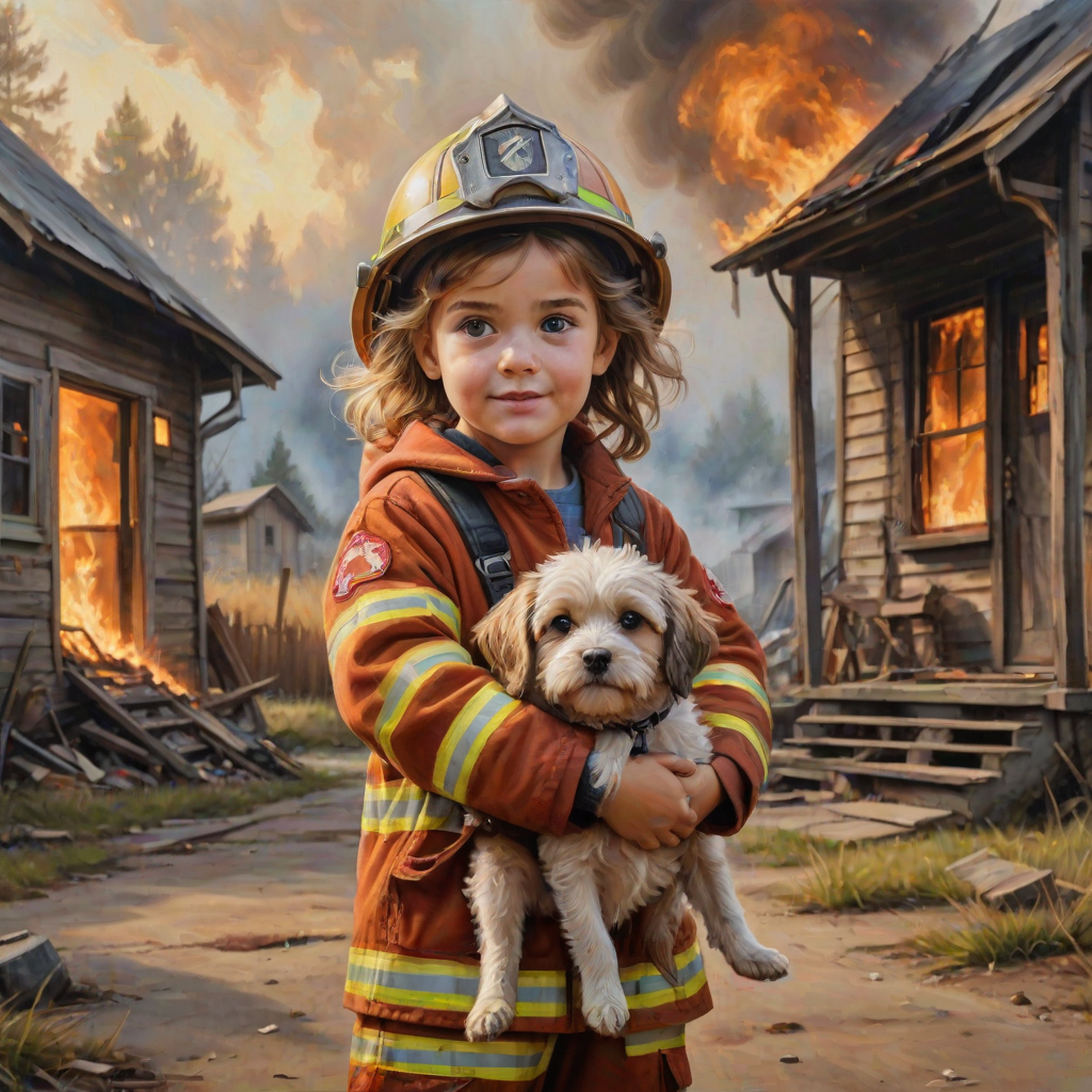 airbrushed oil painting, pixar style, cute little girl in fireman gear, helmet, tousled hair, expressive eyes, standing in the doorstep of a cottage burning behind him, holding a cute little dog in her arm, atumn sky