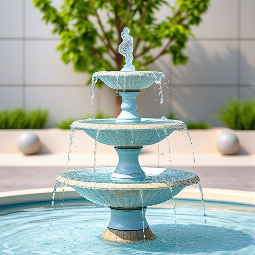 Capture a modern outdoor water fountain with three tiers, featuring clear flowing water, set against a minimalistic background, using a DSLR camera with a 50mm lens, f/2.8 aperture, 1/200 sec shutter speed, and ISO 100, in natural lighting for enhanced clarity and detail.