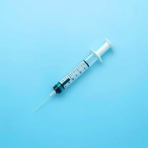 create a high-quality minimalist vector illustration of a syringe with a smooth gradient blue background, using a Canon EOS R5 camera, with a focal length of 50mm, aperture set to f/1.8, and ISO 100 for optimal clarity and detail.
