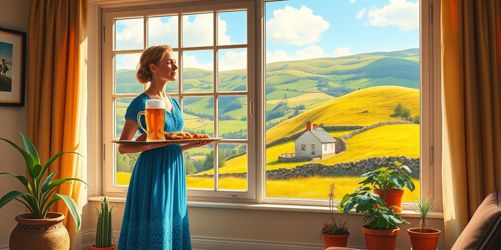 In "A Glass of Beer on the Highland," a serene scene is depicted in a sunlit room where a woman in a vibrant blue dress stands by a large window. She holds a tray with a hearty meal and a frothy glass of beer, embodying a moment of relaxation. Outside, the breathtaking highland landscape features rolling green hills and a charming traditional house, all bathed in warm afternoon light. The interior is adorned with potted plants, creating a harmonious blend of comfort and nature. The painting beautifully captures the tranquility and joy found in simple pleasures amidst stunning scenery