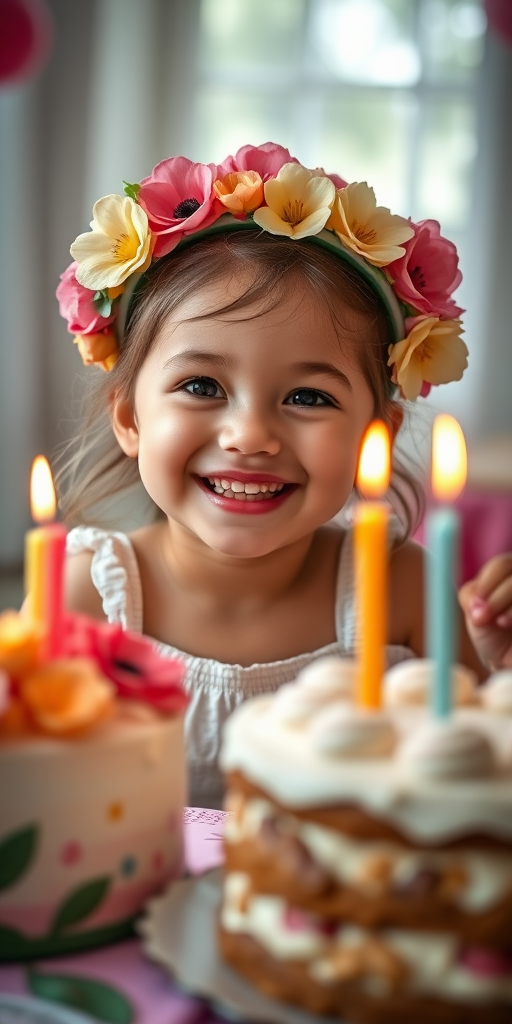 Capture a joyful moment of a young girl with a floral headband sitting next to a birthday cake with candles, utilizing a shallow depth of field with a soft focus background, natural lighting to enhance colors, ISO 200, aperture f/2.8, shot from a low angle perspective with a DSLR camera to emphasize facial expression and details in the flowers.