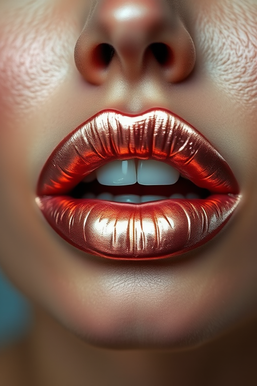 Exquisite portrait featuring metallic rose gold lips with a holographic sheen, highlighting unique light-reflecting properties and dimensional depth
