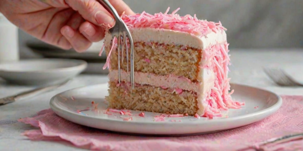 Create an image of a square piece of cake with a bite taken out of it. The cake is covered in a bright pink layer of frosting and rolled in shredded coconut. Place the cake on a white plate with a fork beside it, and ensure the background is softly blurred to emphasize the cake.