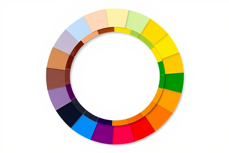Create a vibrant circular abstract design featuring multicolored segments around the edge on a white background, using a Canon EOS R5 with a 50mm f/1.8 lens, aperture set to f/4, ISO 100, and a shallow depth of field, ensuring high detail and clarity.