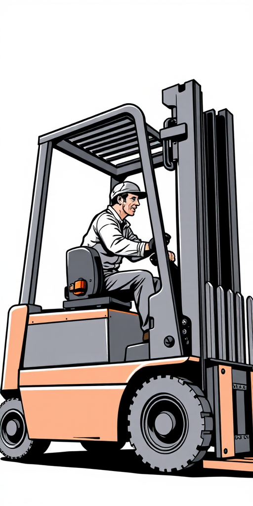 Create a detailed illustration of a forklift with a person operating it, using a mid-angle view, focus on sharp lines and contrast, in a vector art style, shot with a high-resolution digital camera at f/8 aperture, ISO 100, and 24mm lens to enhance image quality.
