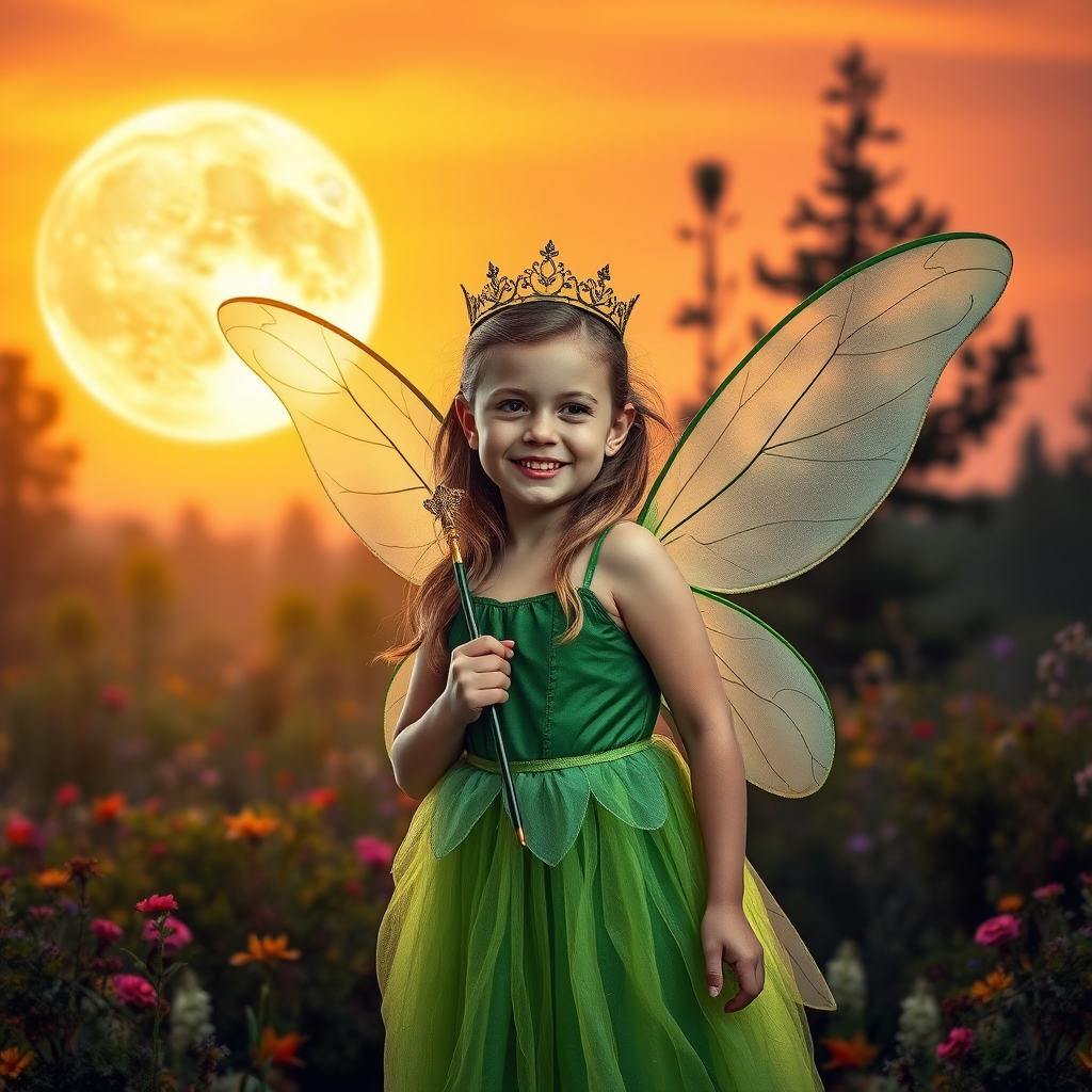 A vivid photo  taken under a bright camera flash of a fantastical scene set against a backdrop of a forest during sunset. The main subject is a girl dressed as a fairy, adorned with translucent wings and a green dress, holding a wand, her face is happy, and she wears a crown on her head. The forest behind her is a blend of flowers, shrubs and trees. The sky is painted in hues of orange and pink, with a large, glowing moon casting a warm glow over the scene. The overall color palette is dominated by earthy tones.