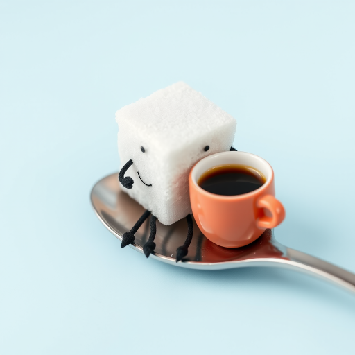 A sugar cube with a face and legs, sitting on a spoon and sipping a tiny cup of coffee.