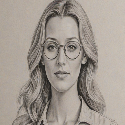 Pleasing Blake Lively, pencil sketch, portrait of Resplendent woman 1975s in glasses, hair style beatnik, outline, clear lines, fine lines, 8k