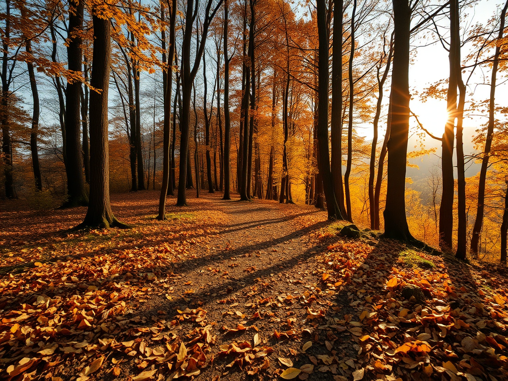 Sharp, high-resolution photo of a forest path covered in fallen autumn leaves, soft golden light streaming through the trees, distant mountains peeking through the foliage, and the feeling of crisp air and serenity.
