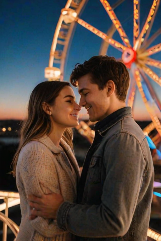 Warm, intimate photo of a young couple sharing a quiet moment on a ferris wheel at dusk, soft glow from the city lights below reflecting off their faces, distant music and laughter filling the air, a sense of romance and adventure captured.