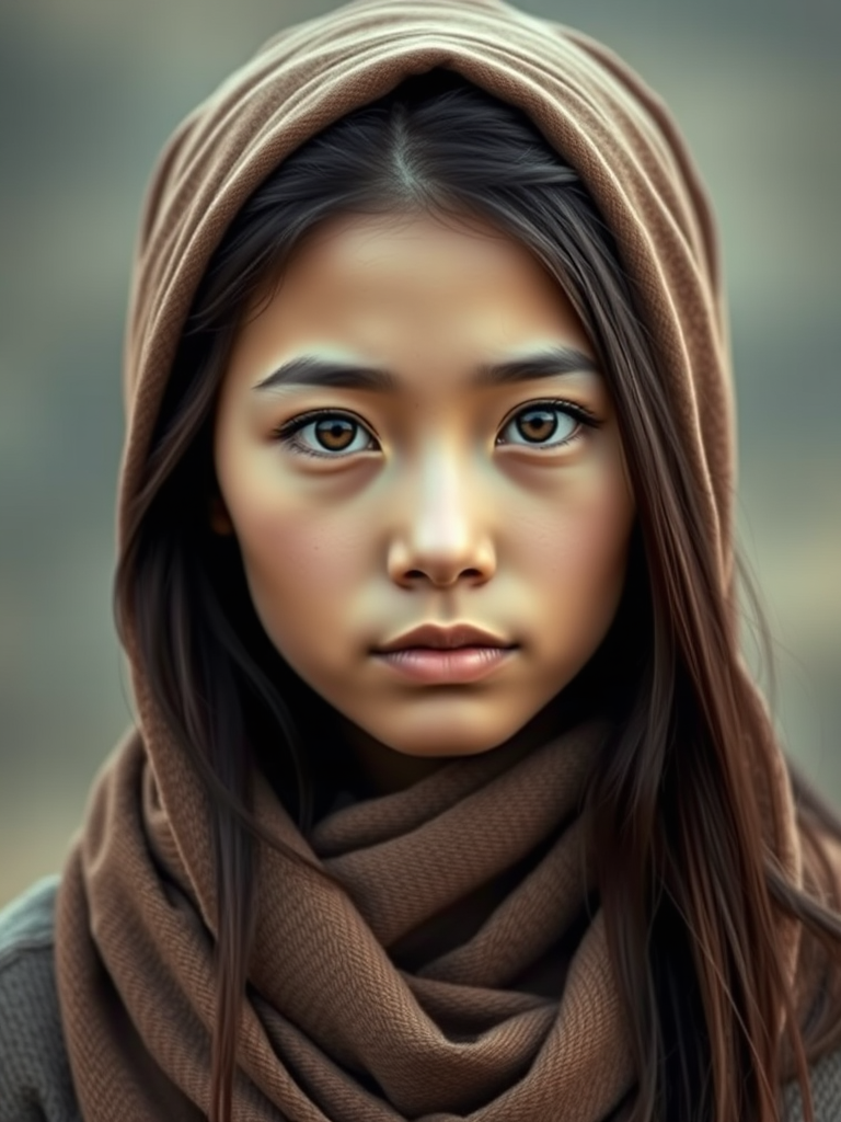 Create a portrait of a young Mongolian female with long, dark hair and captivating hazel eyes. She is wearing a brown headscarf and a matching scarf draped gracefully around her neck. The background is softly blurred, focusing attention on her serene and natural expression. The overall color palette is muted and warm, enhancing the intimate and authentic feel of the portrait.