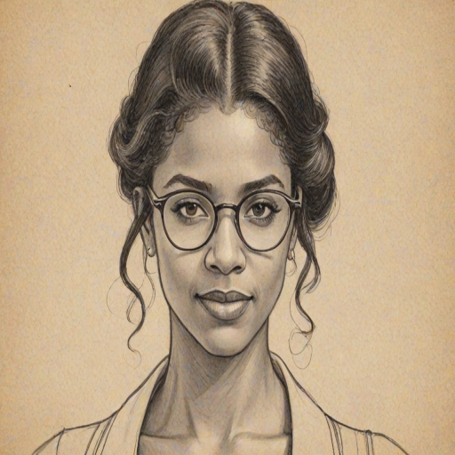 Bewitching Ren'e Elise Goldsberry, pencil sketch, portrait of Radiant woman 1926s in glasses, hair style beatnik, outline, clear lines, fine lines, 8k