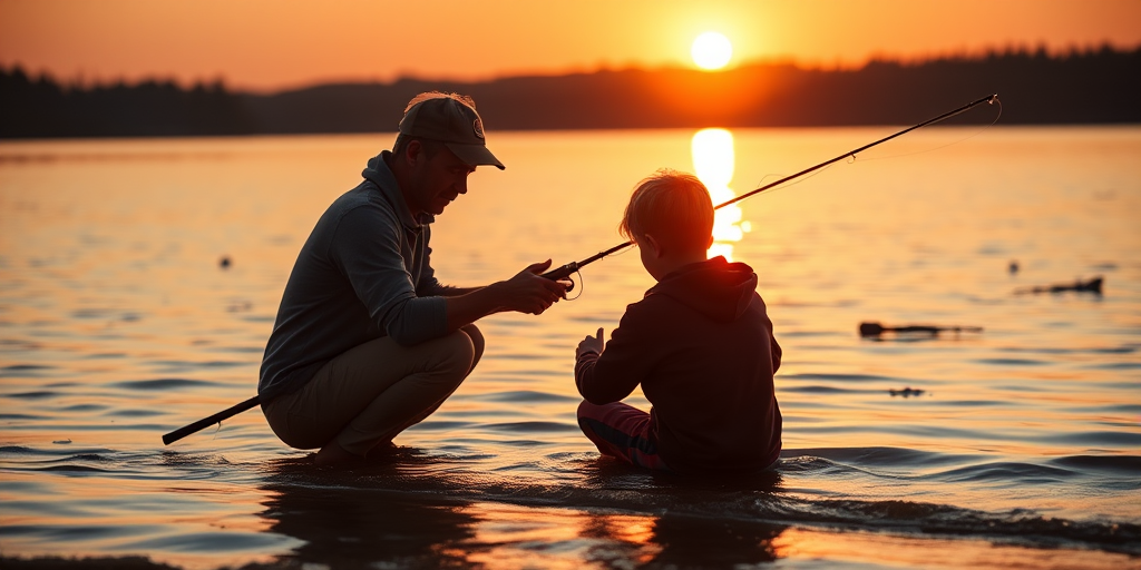 Warm, intimate image of a father teaching his son how to fish on a quiet lake, soft light from the setting sun reflecting on the water, with the sound of gentle waves lapping against the shore.