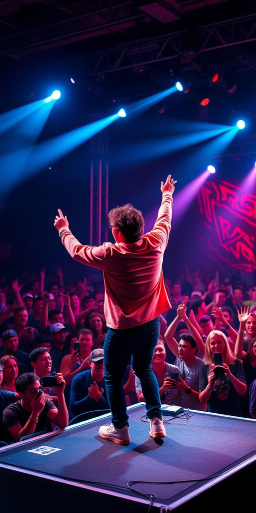 A vibrant concert scene featuring a charismatic performer on stage with an enthusiastic crowd, captured in a wide-angle view using a DSLR camera with a 24mm lens, f/2.8 aperture, ISO 800, and a shutter speed of 1/250 sec for optimal clarity and dynamic range.