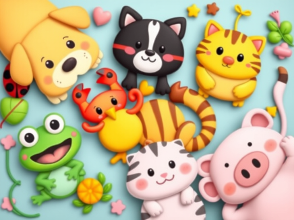 Generate a colorful cartoon-style illustration of various cute animals including a dog, ladybug, crab, cat, frog, hen, tiger, and pig arranged in a playful layout using a DSLR camera with a 50mm lens at f/2.8 for a shallow depth of field and vibrant colors, shooting from a top-down view to enhance depth and clarity.