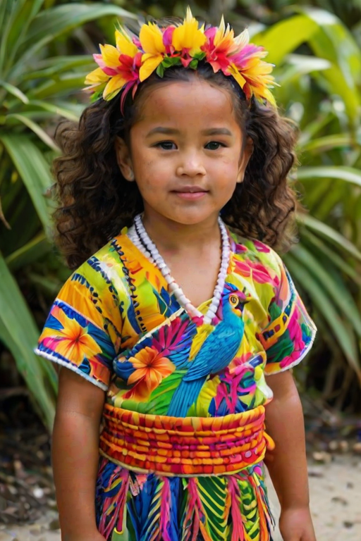 A beautiful Samoan girl, wearing colorful bird clothing with vibrant colors