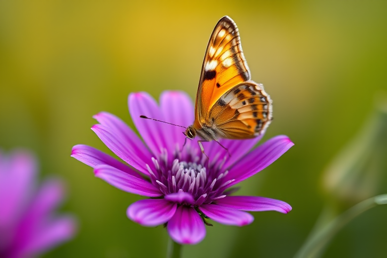 Close-up of a butterfly perched on a vibrant purple flower with a soft green background, shot with a Canon EOS 5D Mark IV, 100mm macro lens, aperture f/2.8, shutter speed 1/250 sec, ISO 100, shallow depth of field for a dreamy background.