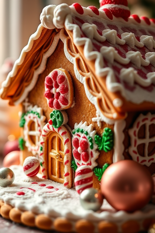 Close-up of a beautifully decorated gingerbread house, soft light highlighting the sugary details, with a few Christmas ornaments scattered nearby.