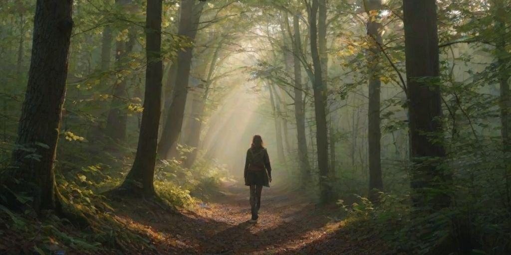 Misty forest at dawn, the sun barely peeking through the dense trees, a woman walks along a narrow path, her boots crunching softly on the leaves as she breathes in the fresh, crisp air.