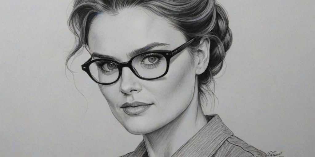 Alluring Emily Deschanel, pencil sketch, portrait of Lovely woman 1961s in glasses, hair style beatnik, outline, clear lines, fine lines, 8k