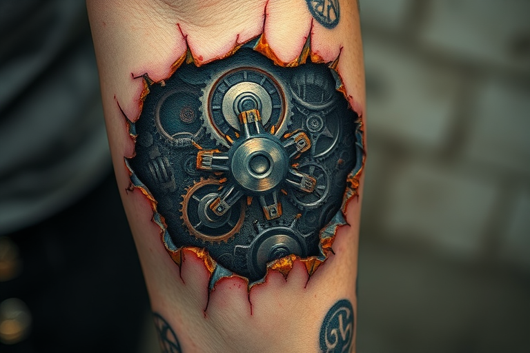 Biomechanical tattoo revealing robotic gears and circuitry beneath torn skin on the forearm, with metallic highlights and rust-like details for a worn look