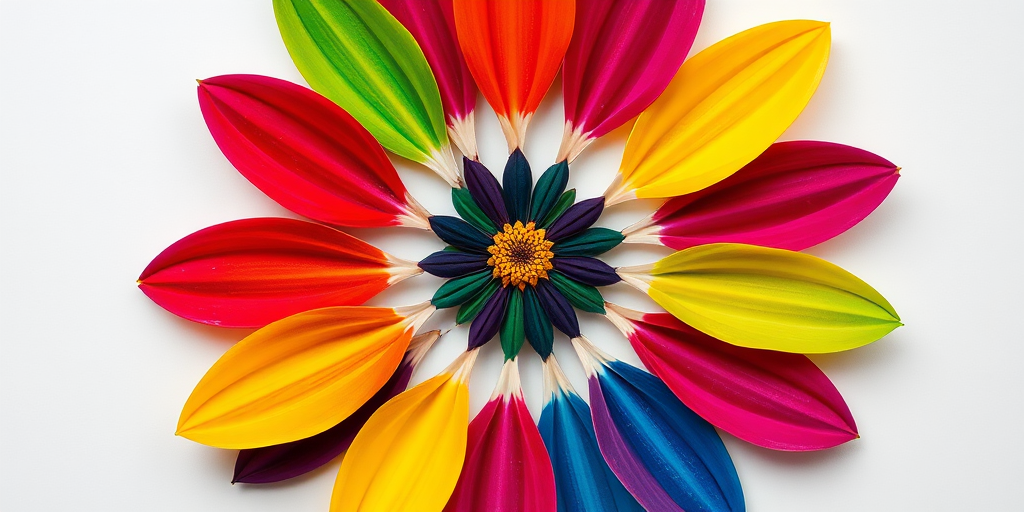 Generate a high-resolution image of a colorful flower with petals in purple, red, yellow, green, blue, and dark blue arranged in a circular pattern on a white background, using a DSLR camera with a 50mm lens, aperture set to f/2.8 for shallow depth of field, 1/200s shutter speed, and ISO 100 to enhance image quality.