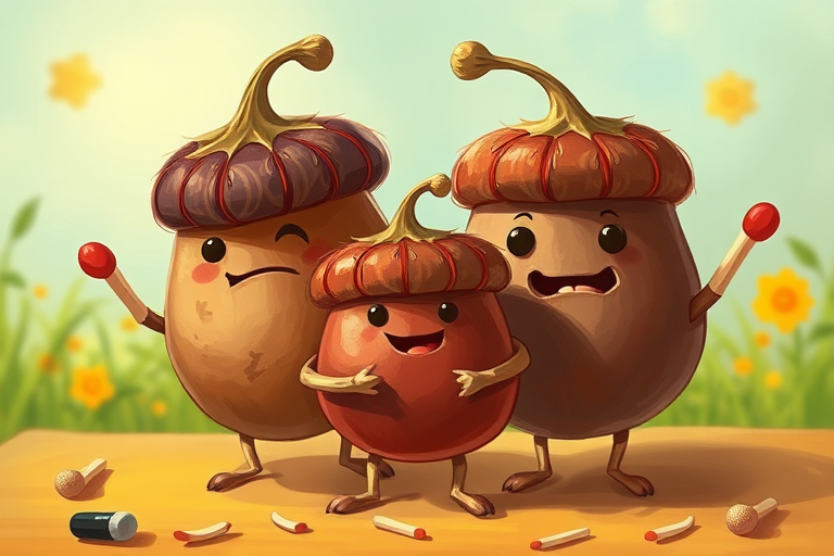 Create a whimsical illustration of anthropomorphic chestnuts with facial expressions and limbs made of matches and wooden sticks, featuring a vibrant background, using a digital art style, high resolution, with a focus on sharp details and vivid colors.